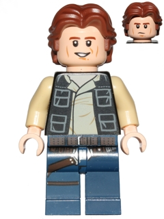 Han Solo - Black Vest with Pockets over Tan Shirt with Dark Tan Creases, Dark Blue Legs with Belts, Wavy Hair Item No: sw0771