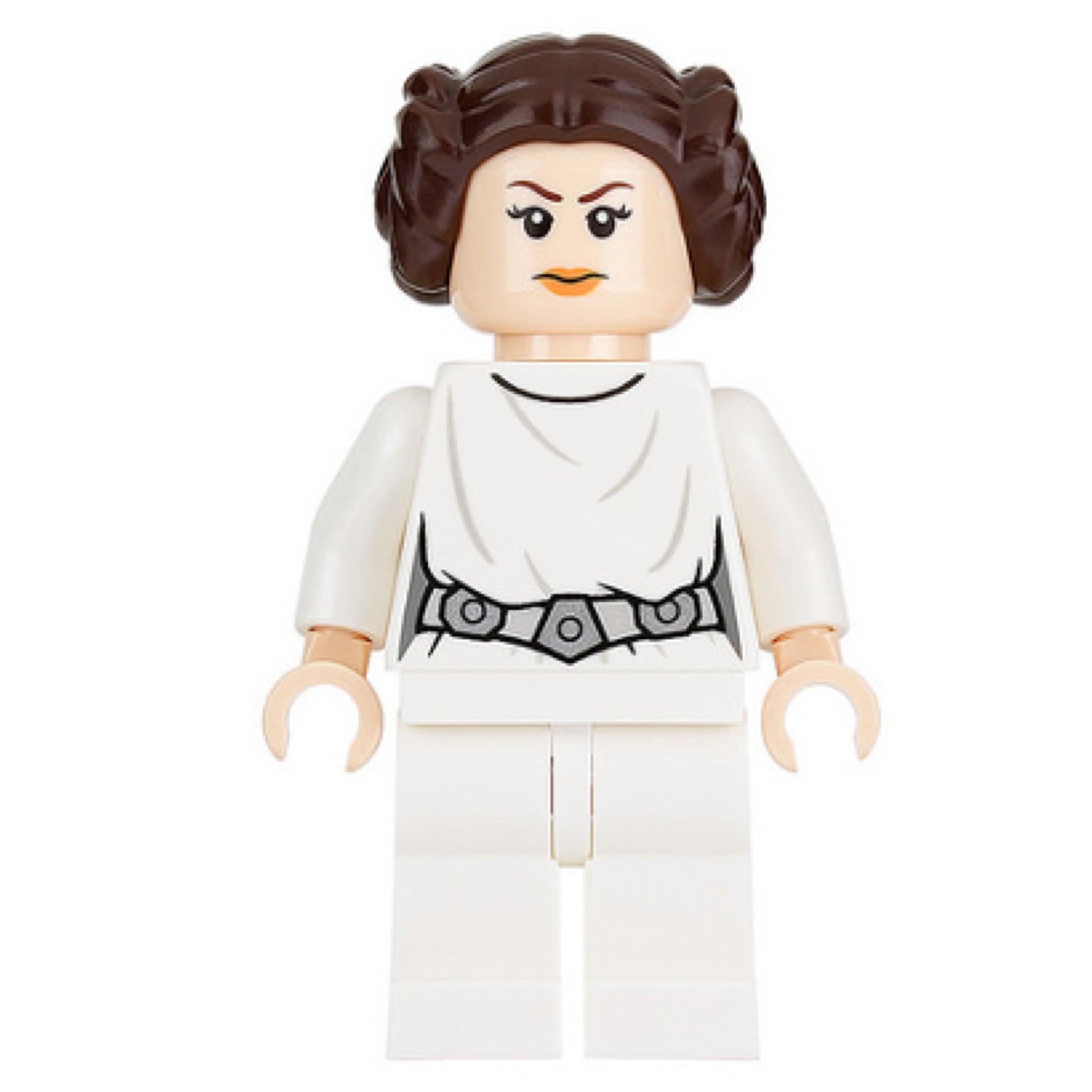 Princess Leia - White Dress, Detailed Belt with 3 Emblems, White Legs, Angry Frown / Lopsided Grin Item No: sw0779