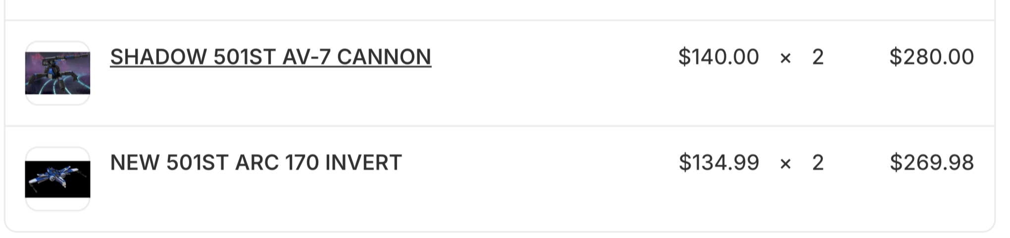 501ST ARC 170 X2 + X2 SHADOW 501ST AV-7 CANNON