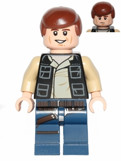 Han Solo - Black Vest with Pockets over Tan Shirt with Dark Tan Creases, Dark Blue Legs with Belts, Smooth Hair Item No: sw0539